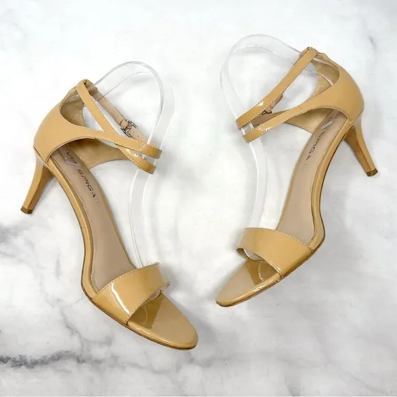 Via Spiga Leesa Patent Leather Strappy Low Midi Kitten Sandal Heels Sexy Nude 9