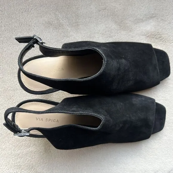 Via Spiga Teresa Black Suede Slingback Heeled Sandals Women 9 M Open Toe Classic