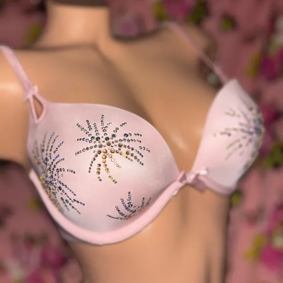 Victorias Secret bra pink bow babydoll lingerie rhinestone Crystal Swarovski 34C