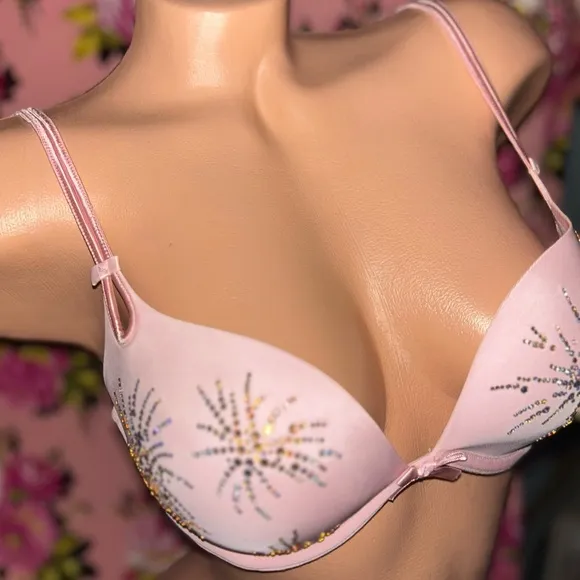 Victorias Secret bra pink bow babydoll lingerie rhinestone Crystal Swarovski 34C