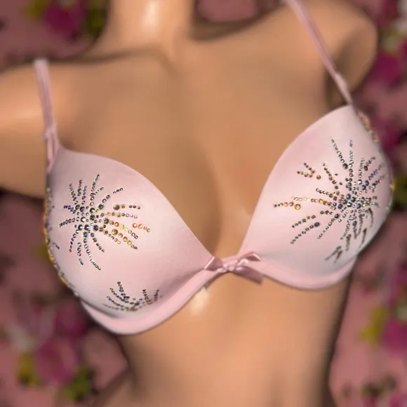 Victorias Secret bra pink bow babydoll lingerie rhinestone Crystal Swarovski 34C