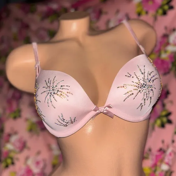 Victorias Secret bra pink bow babydoll lingerie rhinestone Crystal Swarovski 34C
