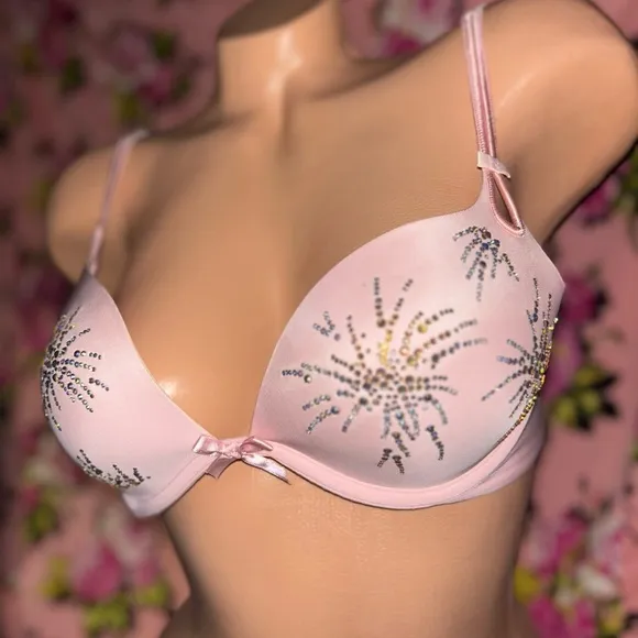 Victorias Secret bra pink bow babydoll lingerie rhinestone Crystal Swarovski 34C