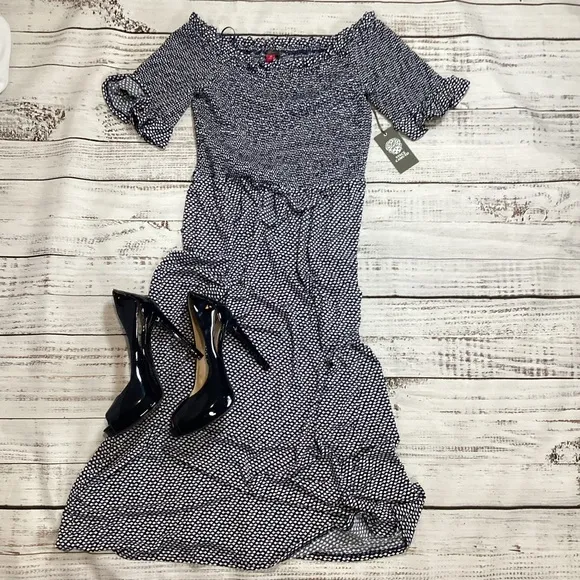 Vince Camuto Blue &amp; White Tea Length Dress NWT Size M
