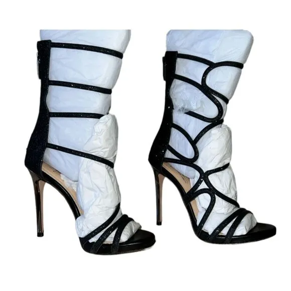 Vince Camuto Imagine Women's Daisi Heeled Sandals. Black Fine Glitter, Size 5