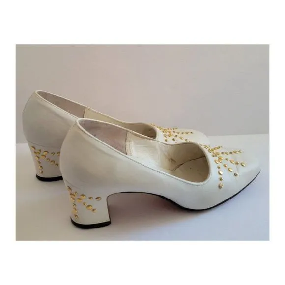 Vintage 1960's Gold Studded White Leather Pumps.