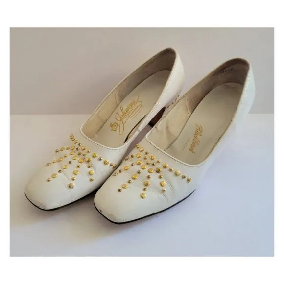 Vintage 1960's Gold Studded White Leather Pumps.