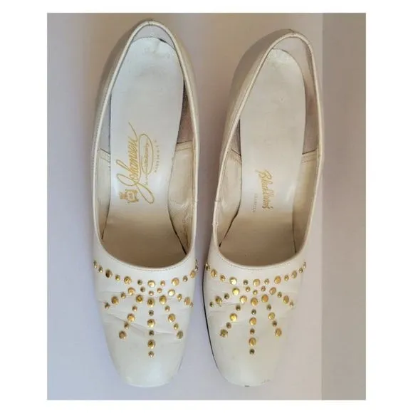 Vintage 1960's Gold Studded White Leather Pumps.