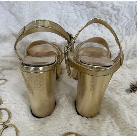 Vintage 70s Womens Platforms 5/6 Quali Craft‎ Metallic Gold Strappy Chunky Heels