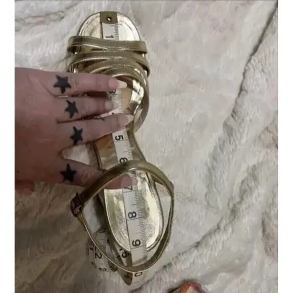 Vintage 70s Womens Platforms 5/6 Quali Craft‎ Metallic Gold Strappy Chunky Heels