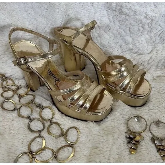 Vintage 70s Womens Platforms 5/6 Quali Craft‎ Metallic Gold Strappy Chunky Heels