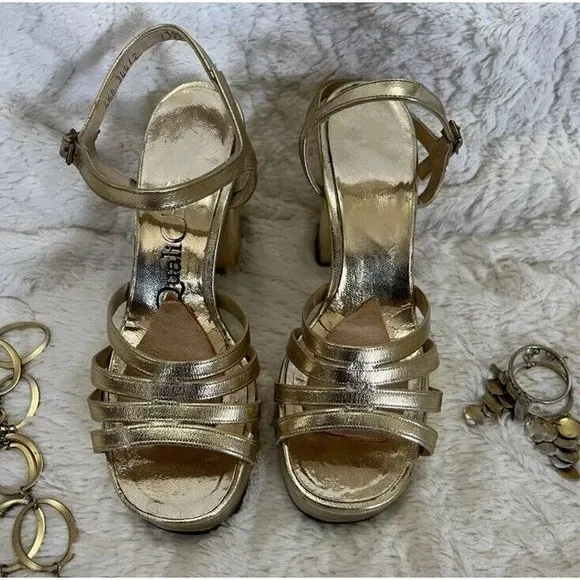 Vintage 70s Womens Platforms 5/6 Quali Craft‎ Metallic Gold Strappy Chunky Heels