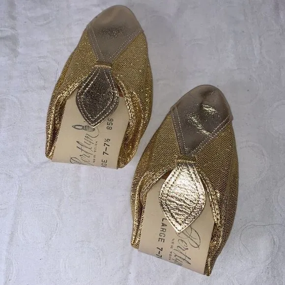 VINTAGE Bertlyn House Shoes Slippers Metallic Gold Stretchy Original Packaging