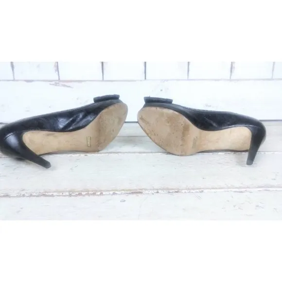 Vintage black paisley embossed leather bow tie peep toe high heel shoes