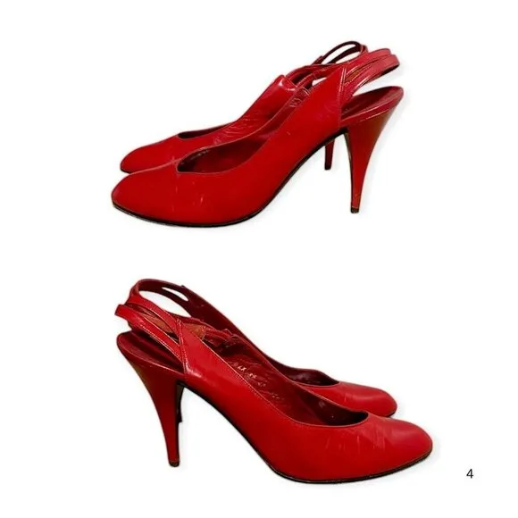 Vintage Charles Jourdan Red Leather Slingback Pumps,  Size 8 1/2, 80s