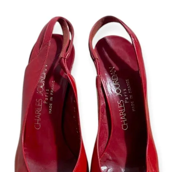 Vintage Charles Jourdan Red Leather Slingback Pumps,  Size 8 1/2, 80s