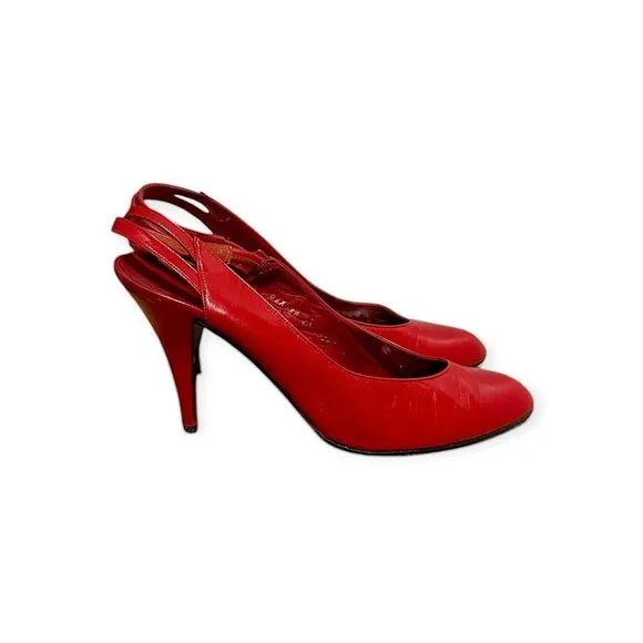 Vintage Charles Jourdan Red Leather Slingback Pumps,  Size 8 1/2, 80s