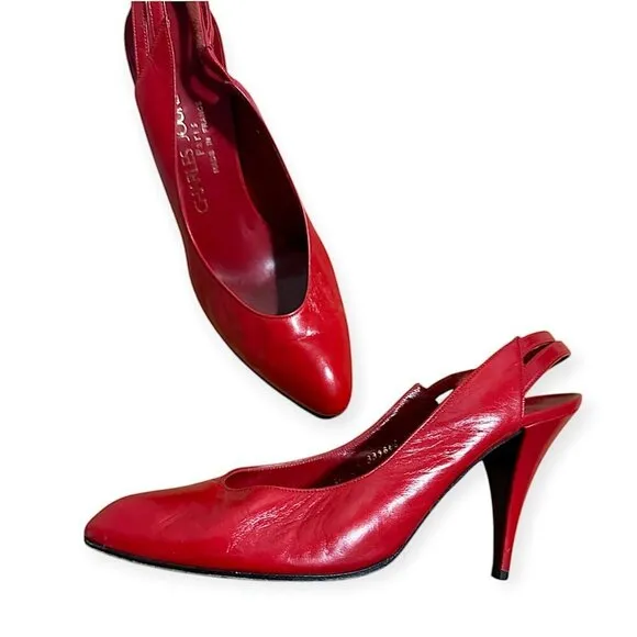 Vintage Charles Jourdan Red Leather Slingback Pumps,  Size 8 1/2, 80s