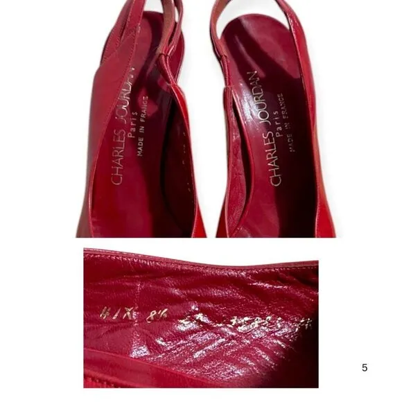 Vintage Charles Jourdan Red Leather Slingback Pumps,  Size 8 1/2, 80s
