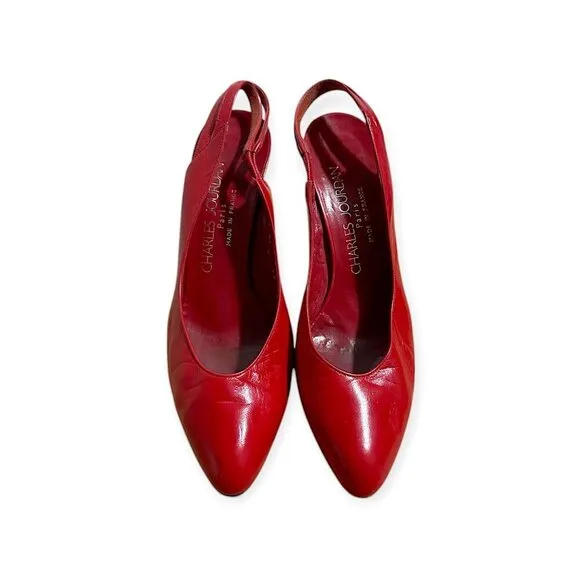 Vintage Charles Jourdan Red Leather Slingback Pumps,  Size 8 1/2, 80s