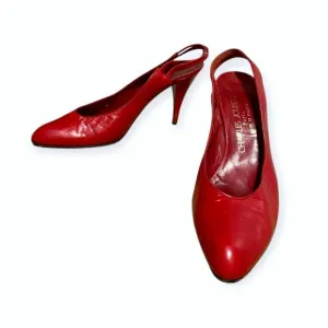 Vintage Charles Jourdan Red Leather Slingback Pumps,  Size 8 1/2, 80s