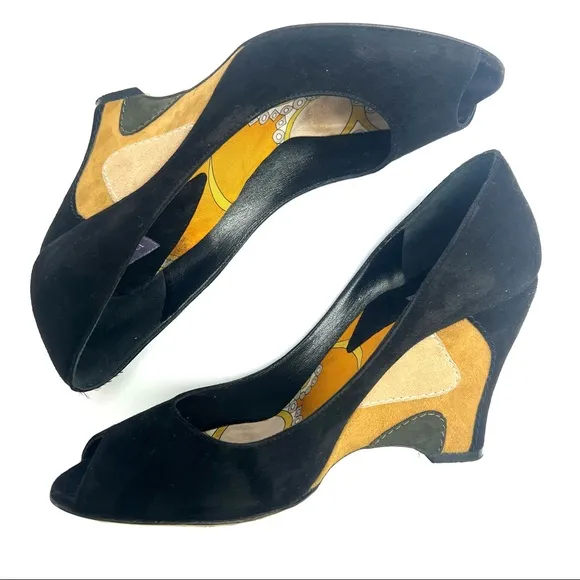 Vintage Emilio Pucci Hill Suede Open Toe Vintage Wedges Size 36.5