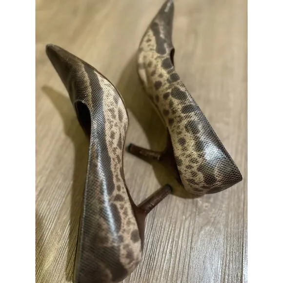 Vintage Gucci Brown Beige Snakeskin Python Print Pointed Toe Pumps Leather 7.5