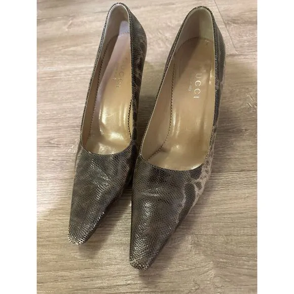 Vintage Gucci Brown Beige Snakeskin Python Print Pointed Toe Pumps Leather 7.5