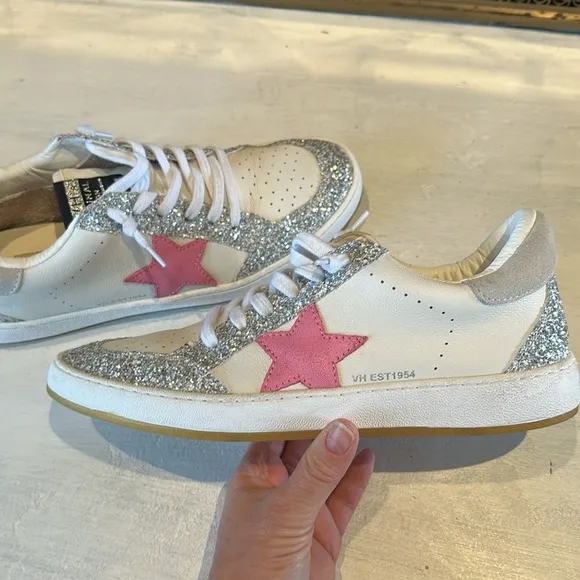 Vintage Havana Becka White Silver Glitter Sneakers Pink Star Sz 11 Leather Shoes