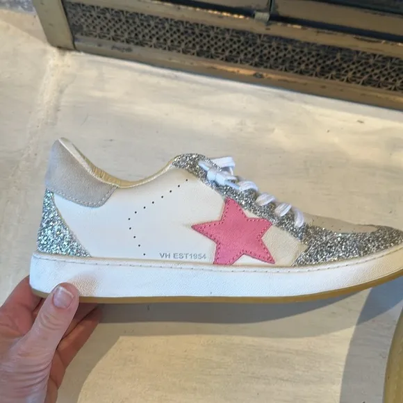 Vintage Havana Becka White Silver Glitter Sneakers Pink Star Sz 11 Leather Shoes