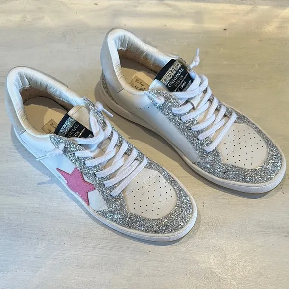 Vintage Havana Becka White Silver Glitter Sneakers Pink Star Sz 11 Leather Shoes