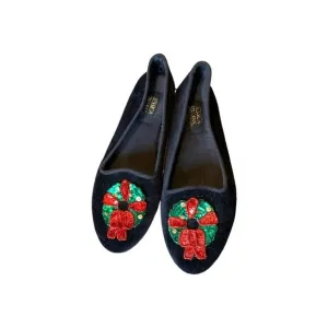 Vintage Jessica Stevens Black Velvet Christmas Wreath Sequin Embroidered Flats 7