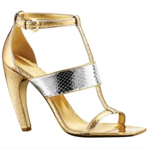 Vintage Louis Vuitton Golden Girl Sandals Heels Metallic Leather Two Tone 38.5