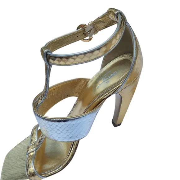 Vintage Louis Vuitton Golden Girl Sandals Heels Metallic Leather Two Tone 38.5