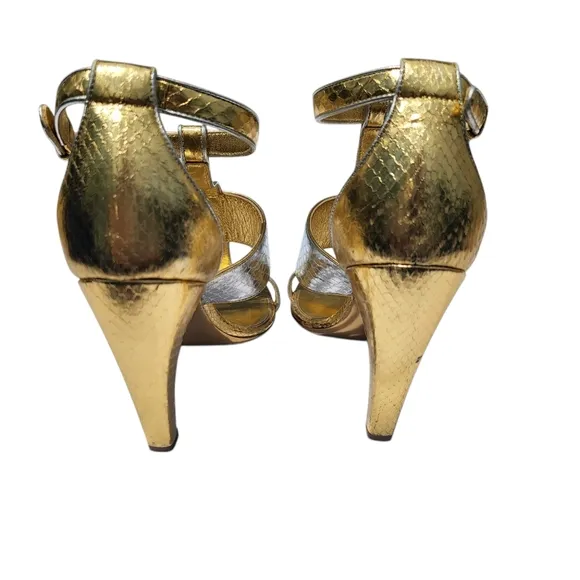 Vintage Louis Vuitton Golden Girl Sandals Heels Metallic Leather Two Tone 38.5