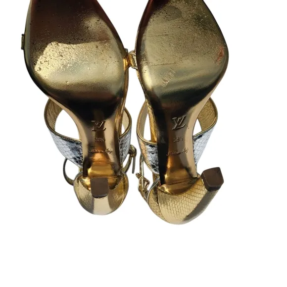 Vintage Louis Vuitton Golden Girl Sandals Heels Metallic Leather Two Tone 38.5