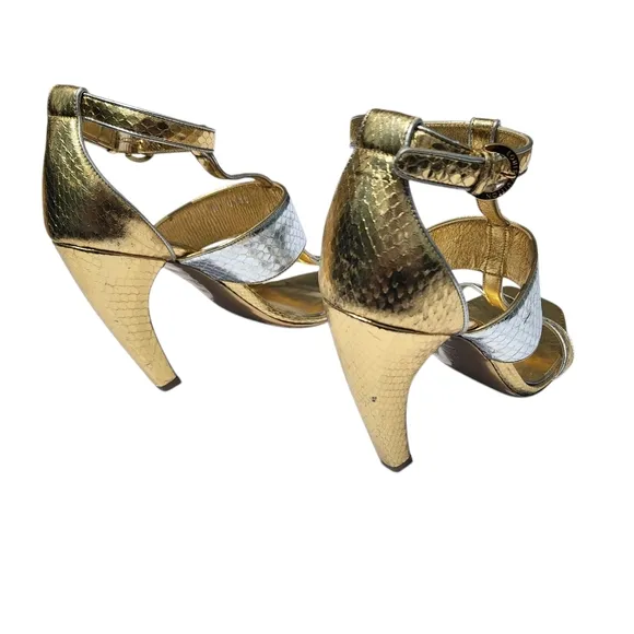 Vintage Louis Vuitton Golden Girl Sandals Heels Metallic Leather Two Tone 38.5