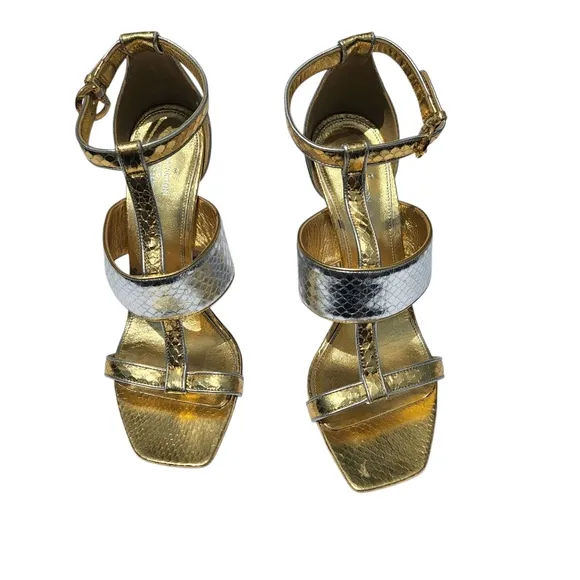 Vintage Louis Vuitton Golden Girl Sandals Heels Metallic Leather Two Tone 38.5