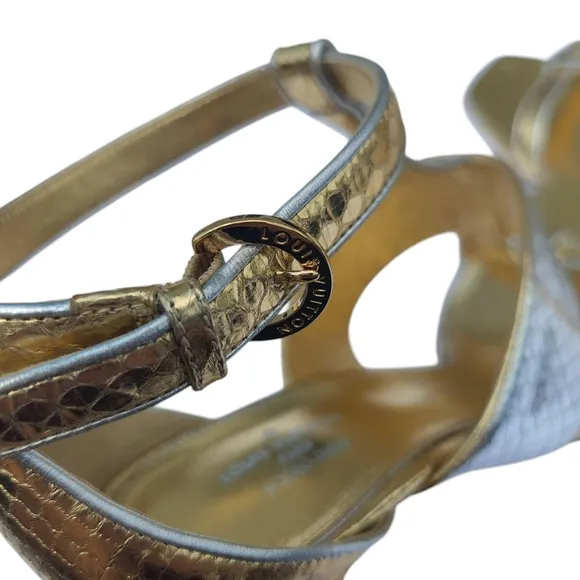 Vintage Louis Vuitton Golden Girl Sandals Heels Metallic Leather Two Tone 38.5