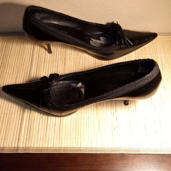 Vintage PRADA Elegant Black Leather &amp; Velvet Bows Women's Heels EU Size 39.5