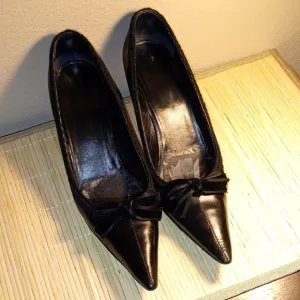 Vintage PRADA Elegant Black Leather &amp; Velvet Bows Women's Heels EU Size 39.5