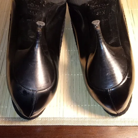 Vintage PRADA Elegant Black Leather &amp; Velvet Bows Women's Heels EU Size 39.5