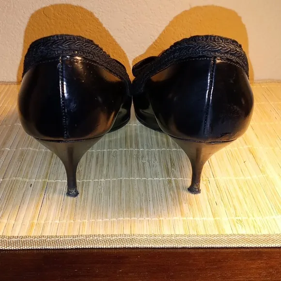 Vintage PRADA Elegant Black Leather &amp; Velvet Bows Women's Heels EU Size 39.5