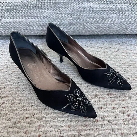 Vintage Salvatore Ferragamo black satin shoes