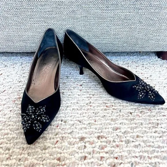Vintage Salvatore Ferragamo black satin shoes
