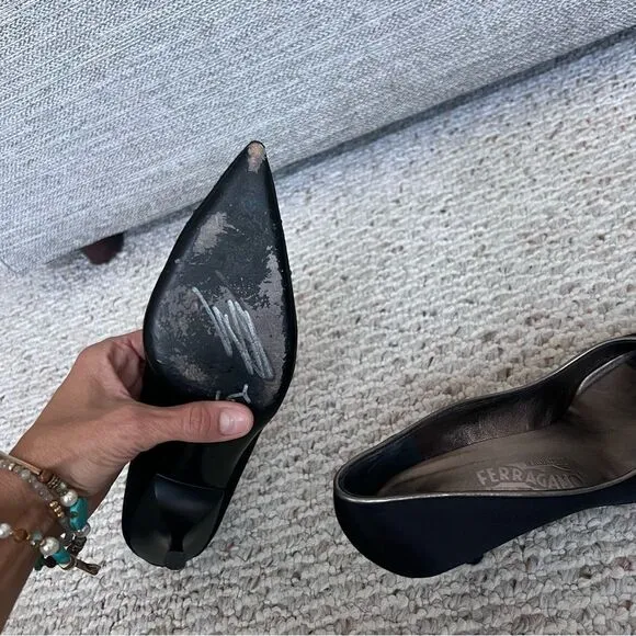 Vintage Salvatore Ferragamo black satin shoes