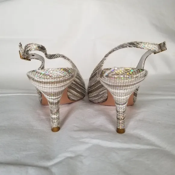 Vintage Stuart Weitzman Aurora glitter sling back pumps shoes silver gold 8.5
