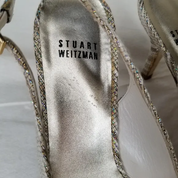 Vintage Stuart Weitzman Aurora glitter sling back pumps shoes silver gold 8.5