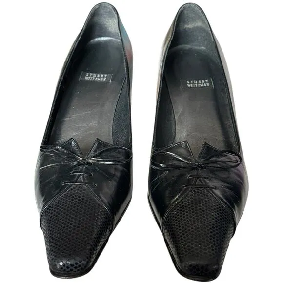 Vintage Stuart Weitzman Black Leather Square Toe Pumps bow Made in Spain size 5