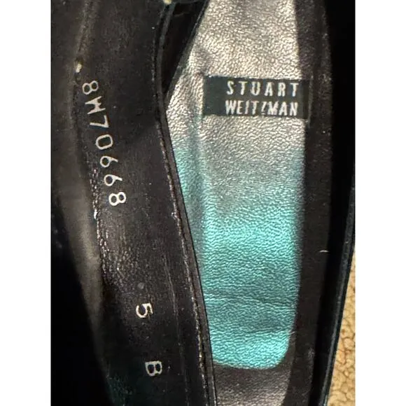 Vintage Stuart Weitzman Black Leather Square Toe Pumps bow Made in Spain size 5